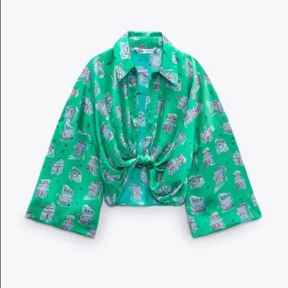 Zara Women's Knotted Collard Open V~Neck Green Satin Shops Print Crop Blouse M - Picture 2 of 8